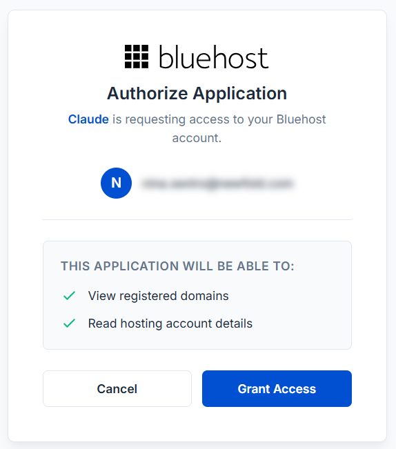 Bluehost Authorize Application screen granting Claude access to the account