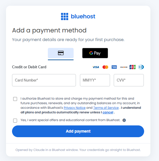 Bluehost add a payment method screen