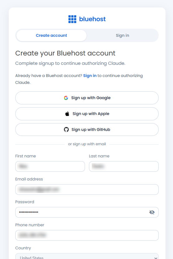 Bluehost sign-in screen for authorizing the Claude connector