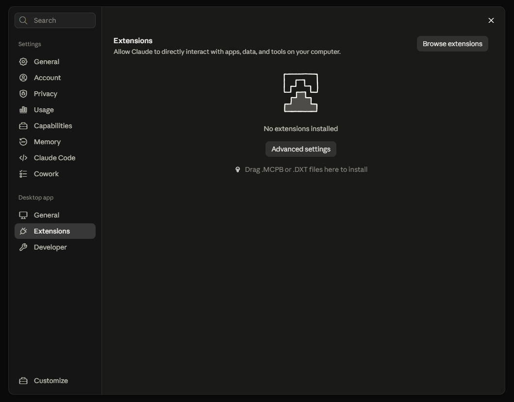 Claude Desktop Settings with the Extensions tab open and no extensions installed