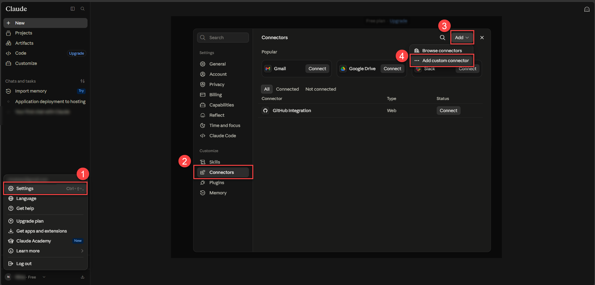 Claude Settings Connectors panel with Add and Add custom connector highlighted