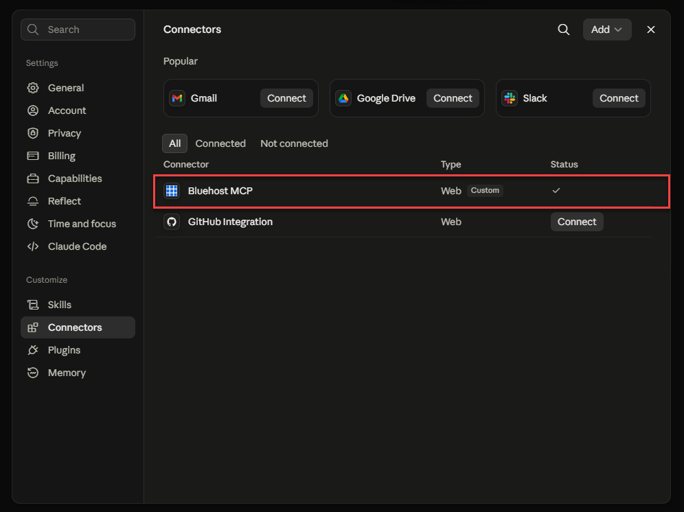 Claude Connectors list showing Bluehost MCP connected
