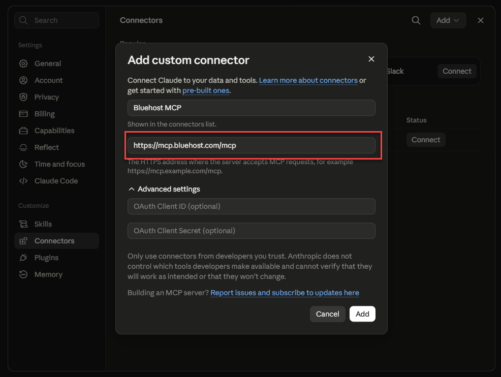 Add custom connector dialog with the Bluehost MCP server URL entered
