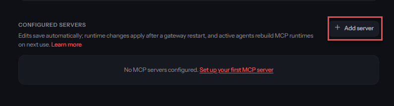 OpenClaw Configured servers panel with Add server highlighted