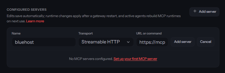 OpenClaw Add server form with name, transport, and URL fields