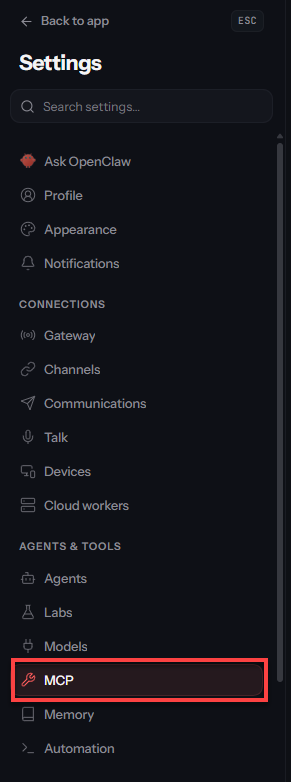 OpenClaw Settings sidebar with MCP highlighted