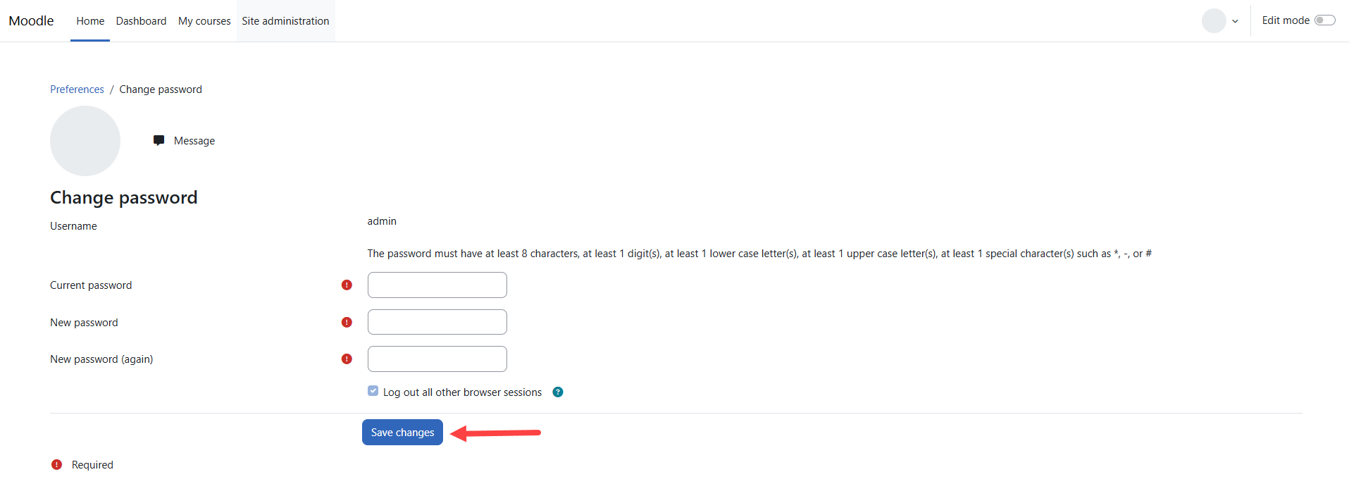 Self-Managed Moodle Reset Password Page