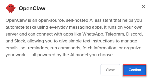 Self-Managed VPS - Application tab - openclaw pop-up
