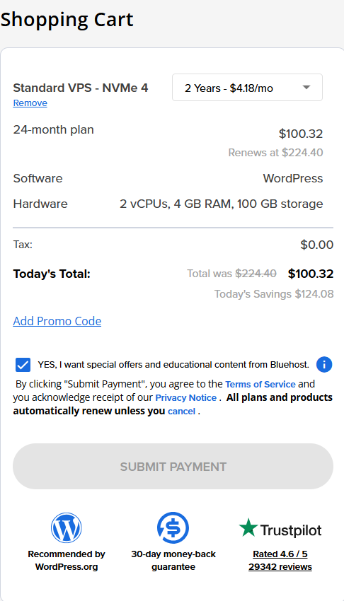 Self-Managed VPS - Checkout page