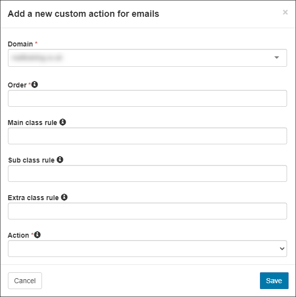 Fields to enter Domain, Order, Rules, and Action
