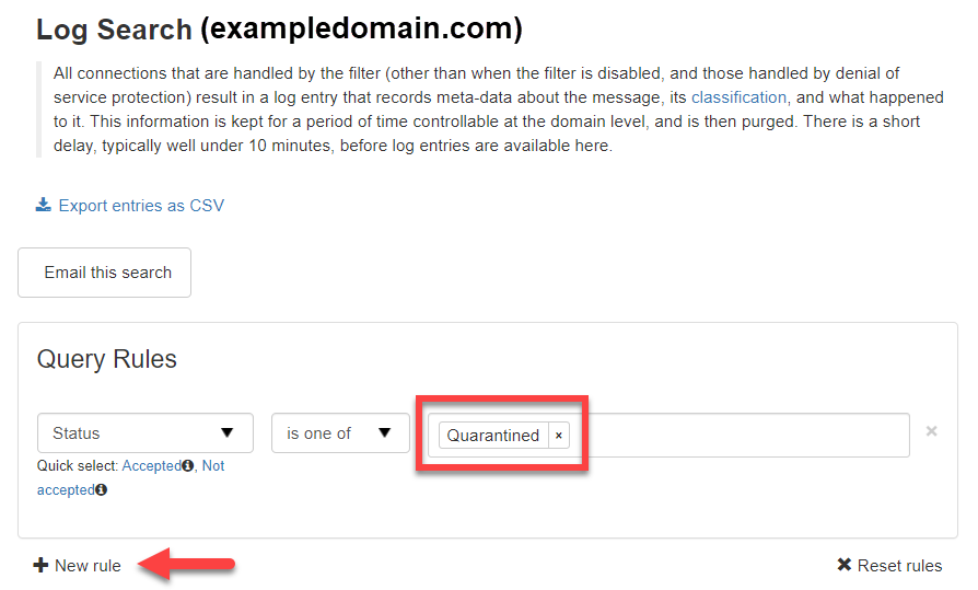 Quarantined query rule and New rule icon
