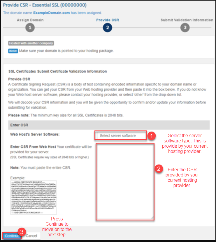 SSL Control Panel Provide CSR Continue button