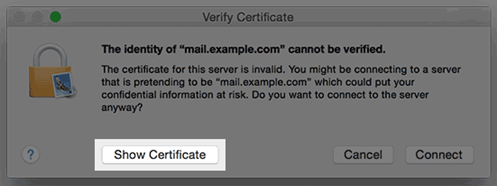 The identity cannot be verified error and the Show Certificate button