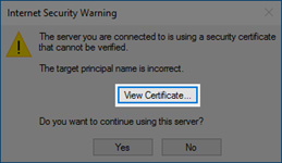 Internet Security Warning and View Certificate button