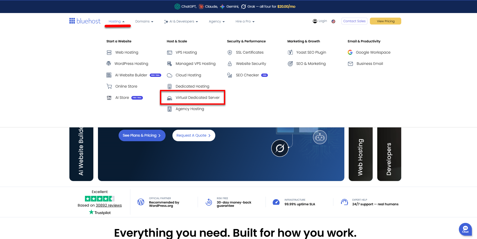 Bluehost - Hosting tab - Virtual Dedicated Server