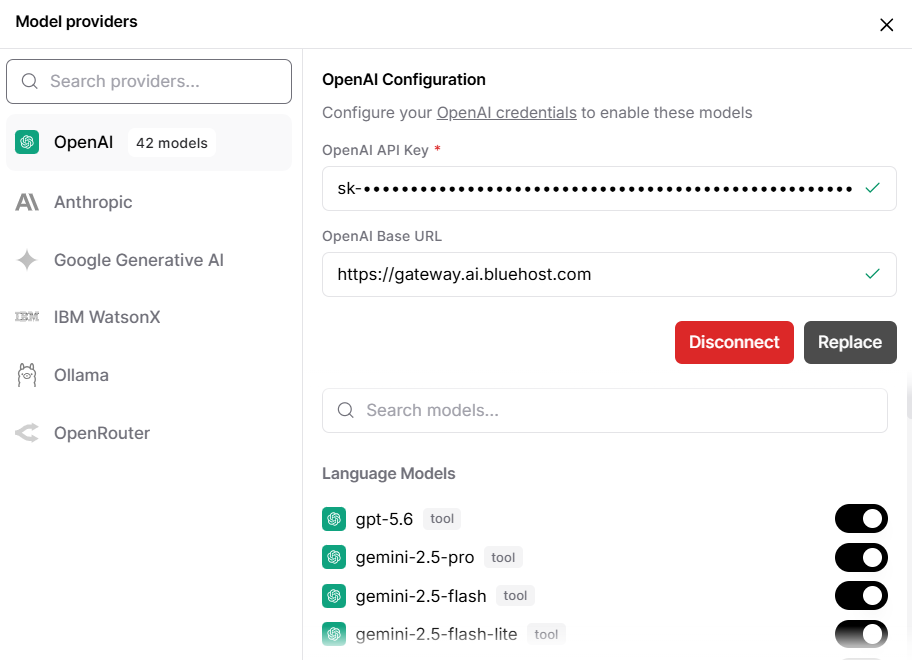 Langflow Dashboard - Create first flow - Configure - Model - Add API Key-connected