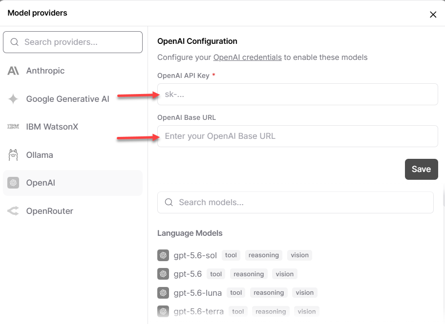 Langflow Dashboard - Create first flow - Configure - Model - Add API Key