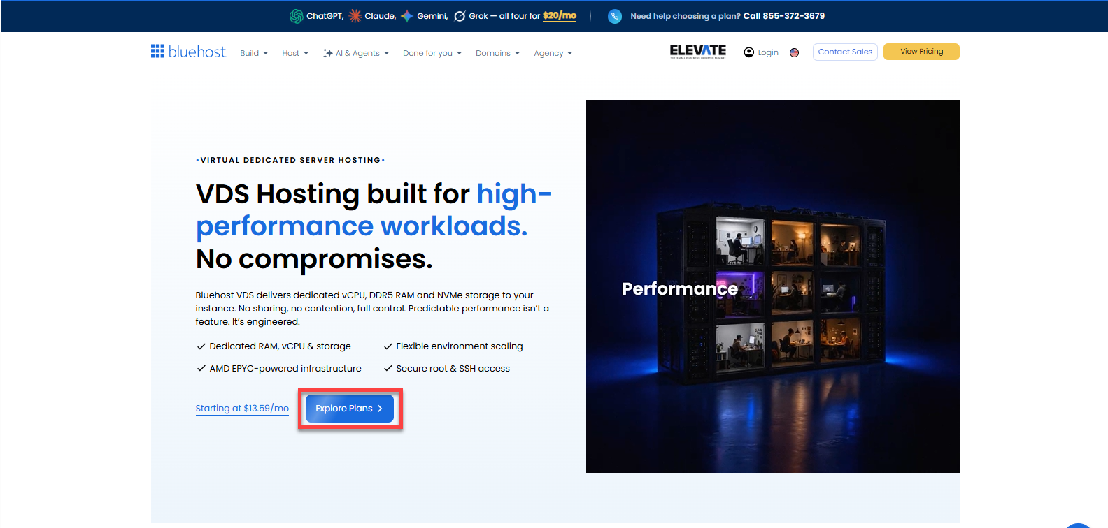 Bluehost - Host tab - Virtual Dedicated Server