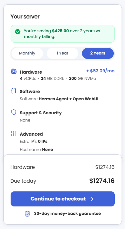 VDS hosting - Select billing term and order summary