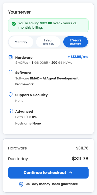 VDS hosting - Select billing term and order summary