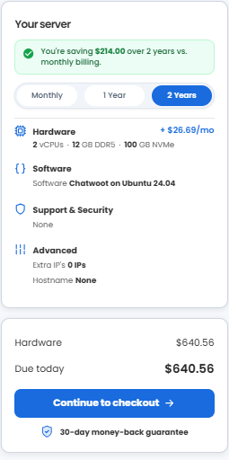 VDS hosting - Select billing term and order summary