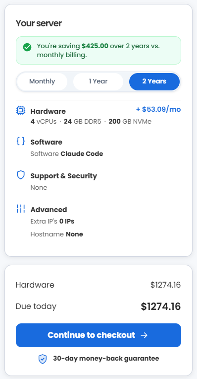 VDS hosting - Select billing term and order summary