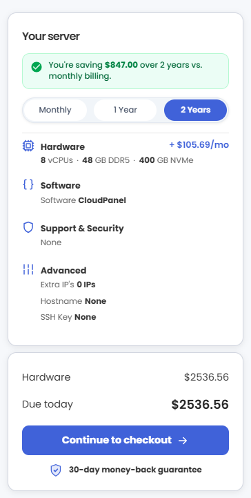 VDS hosting - Select billing term and order summary