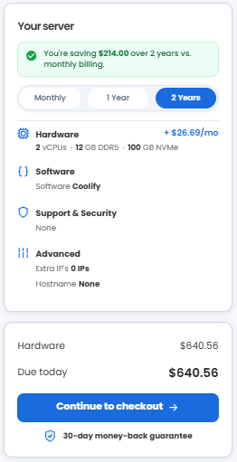 VDS hosting - Select billing term and order summary