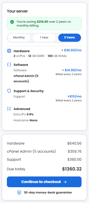 VDS hosting - Select billing term and order summary