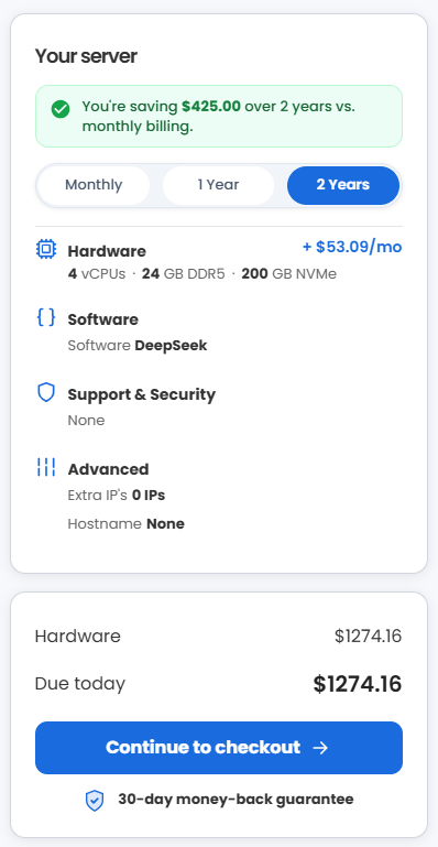 VDS hosting - Select billing term and order summary
