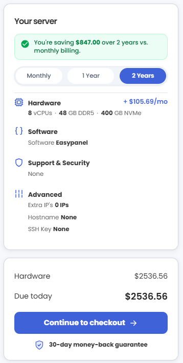 VDS hosting - Select billing term and order summary
