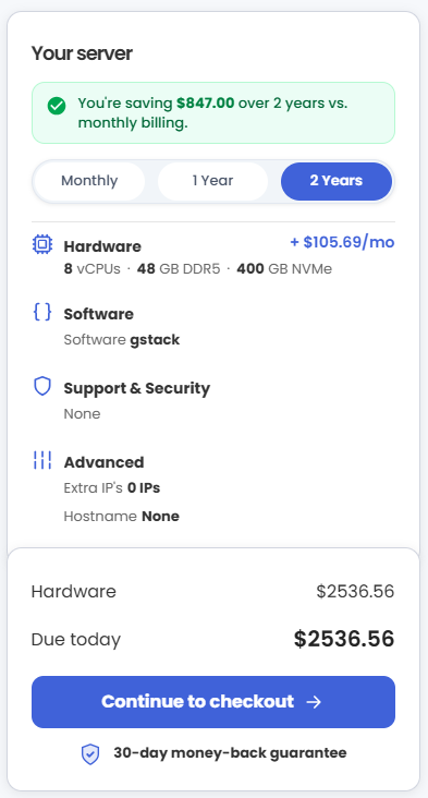 VDS hosting - Select billing term and order summary