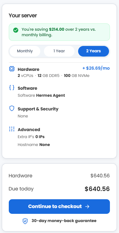 VDS hosting - Select billing term and order summary