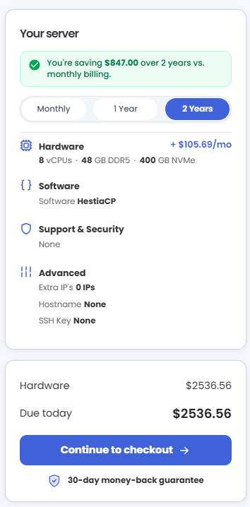 VDS hosting - Select billing term and order summary