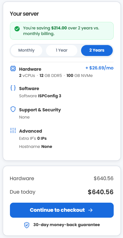 VDS hosting - Select billing term and order summary