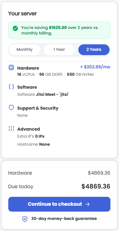 VDS hosting - Select billing term and order summary