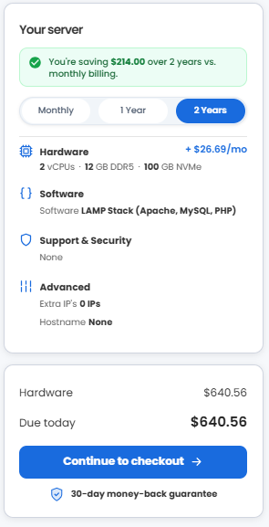VDS hosting - Select billing term and order summary