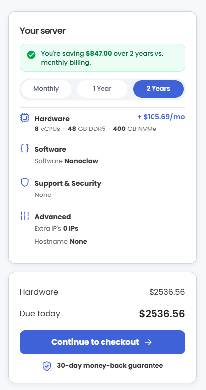 VDS hosting - Select billing term and order summary