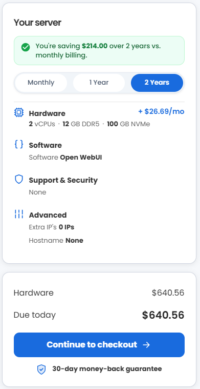 VDS hosting - Select billing term and order summary