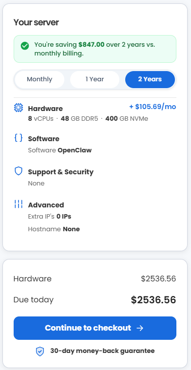 VDS hosting - Select billing term and order summary