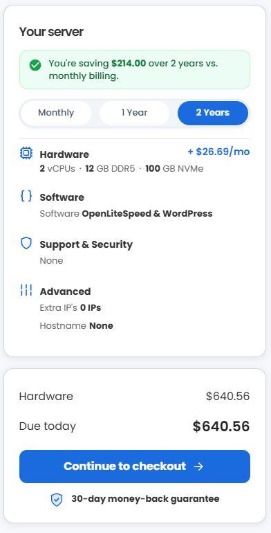 VDS hosting - Select billing term and order summary