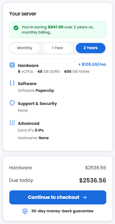 VDS hosting - Select billing term and order summary