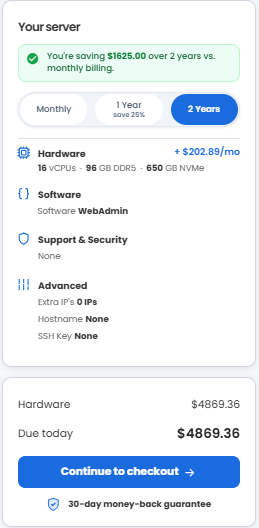 VDS hosting - Select billing term and order summary