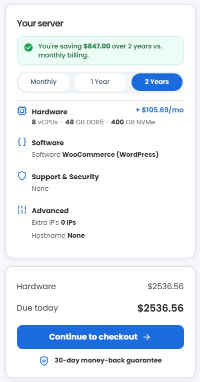 VDS hosting - Select billing term and order summary