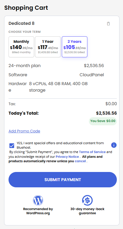 VDS hosting - Shopping Cart