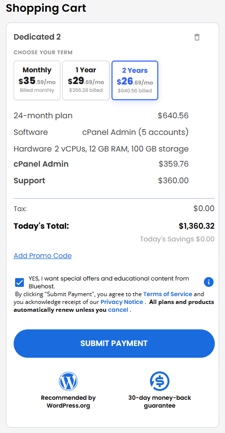 VDS hosting - Shopping Cart