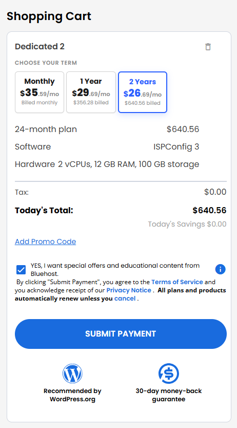 VDS hosting - Shopping Cart