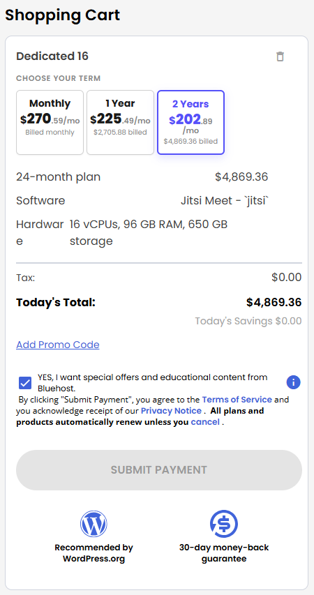 VDS hosting - Shopping Cart