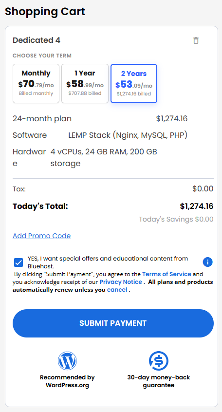 VDS hosting - Shopping Cart