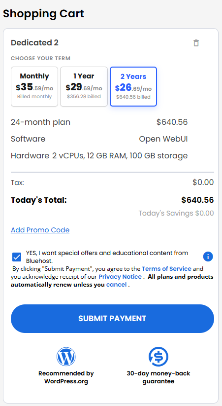 VDS hosting - Shopping Cart